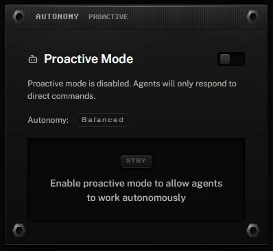 The Proactive Mode panel on the Team-X dashboard: a master enable toggle, the autonomy level readout set to Balanced, and a standby well prompting to enable proactive mode